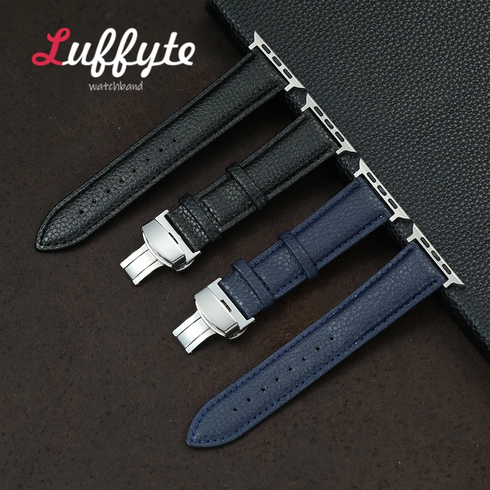 Lederarmband mit Litschi-Muster für Apple Watch 1–11 Ultra SE 3 2 1, Smartwatch-Armband für Iwatch 38–49 mm mit Butterfly-Verschluss