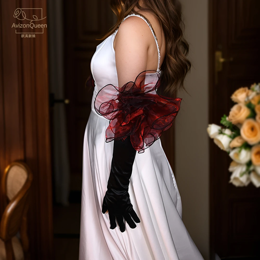 Guantes largos de satén negro con dedos para novia, adornos florales rojos para accesorios de boda para mujer con vestidos Vintage MM19