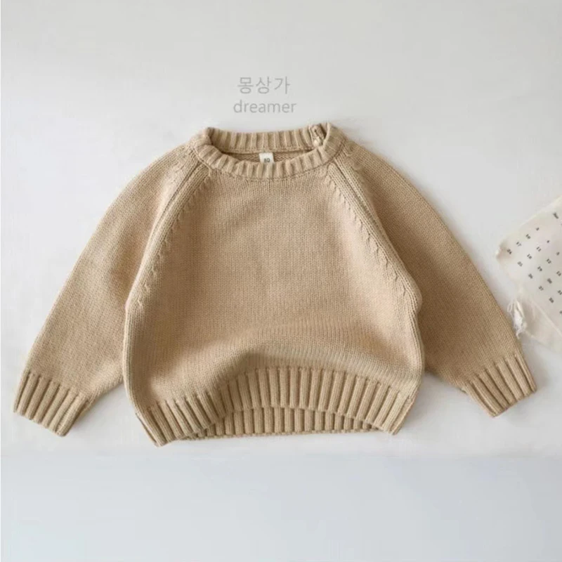 2024 New Pure Cotton Solid Kids Sweaters Vintage Boys Pullover Knitwear for 1-7 Years Toddler Girls Sweater Shirt Outwear