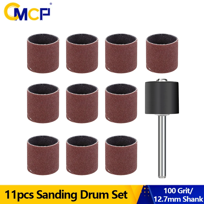 CMCP 11pcs Sanding Drum Set 100 Grit With 12.7mm Shank Mandrel Sanding Bands For Dremel Rotary Tools Sandpaper