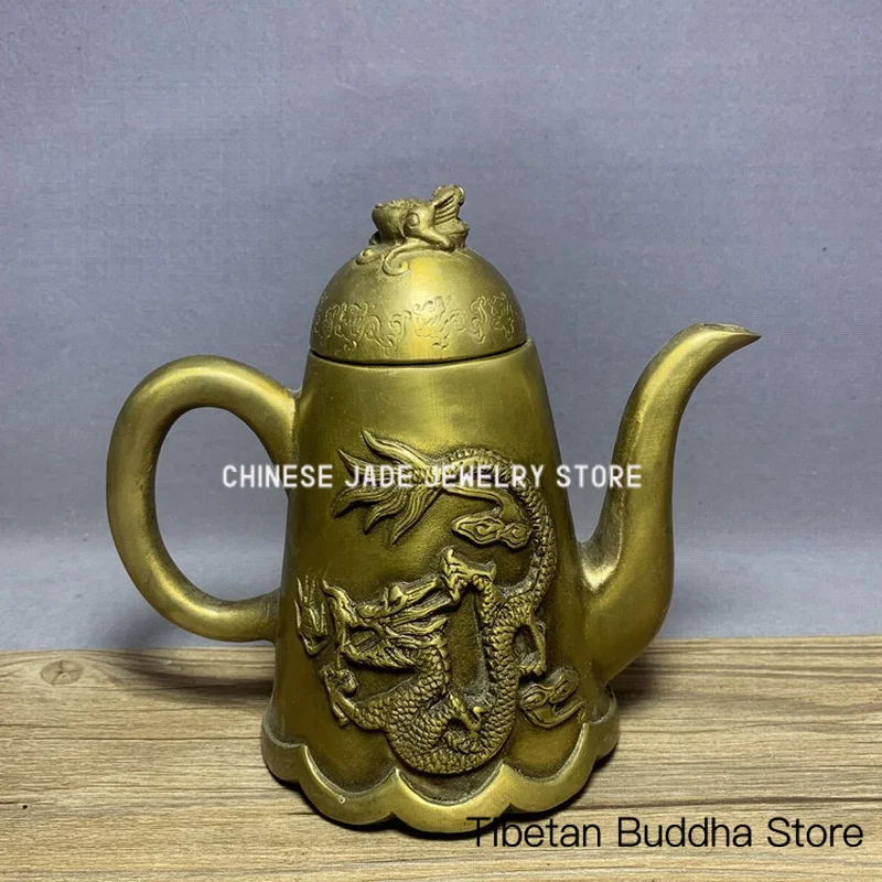 Antique-style pure copper embossed dragon-pattern teapot and wine flask, vintage copperware, antique brass dragon-fluted nine-la