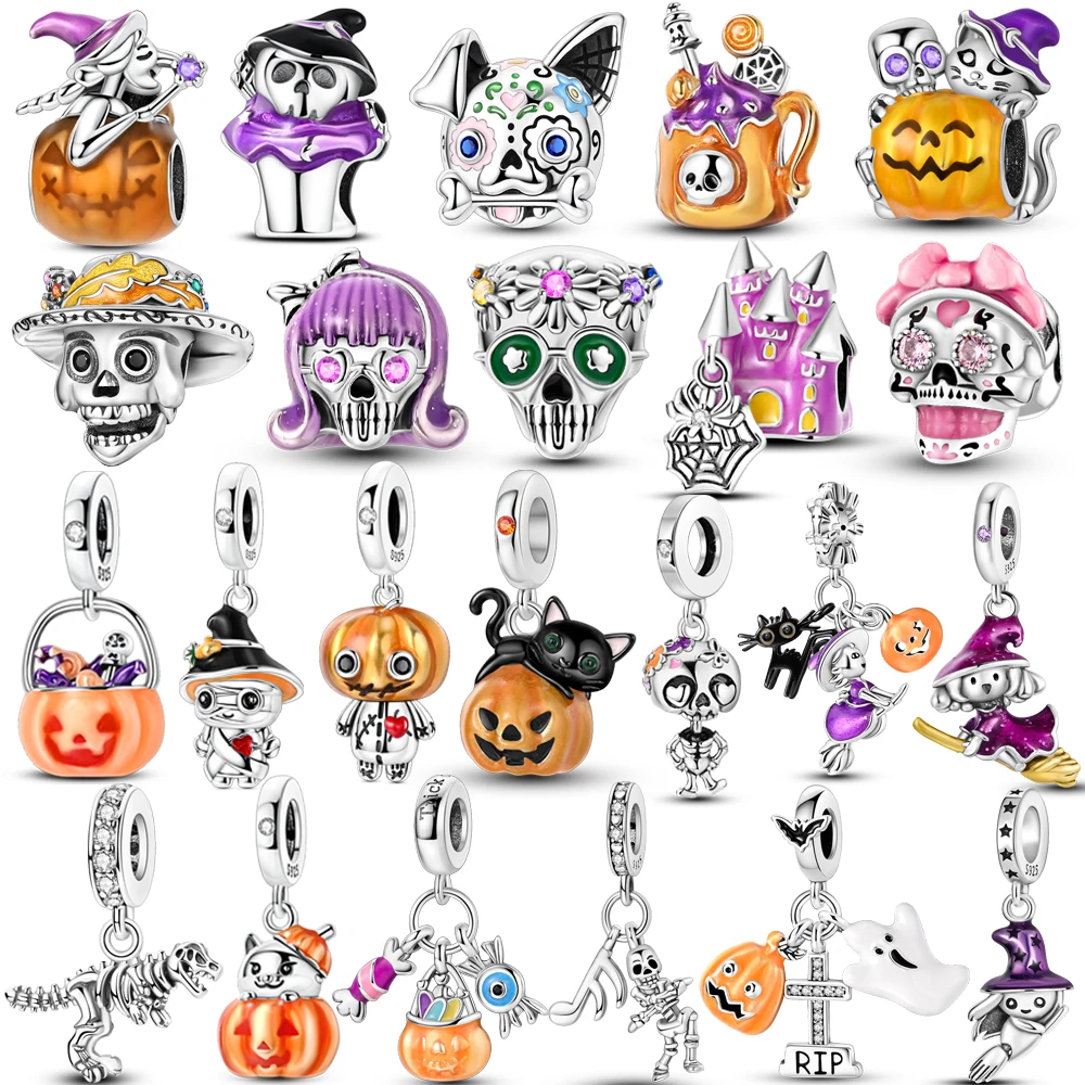

2025 Gothic Charms 925 Sterling Silver Halloween Nightmare Pumpkin Skull Witch Beads Fit Bracelet Necklace Women DIY Jewelry