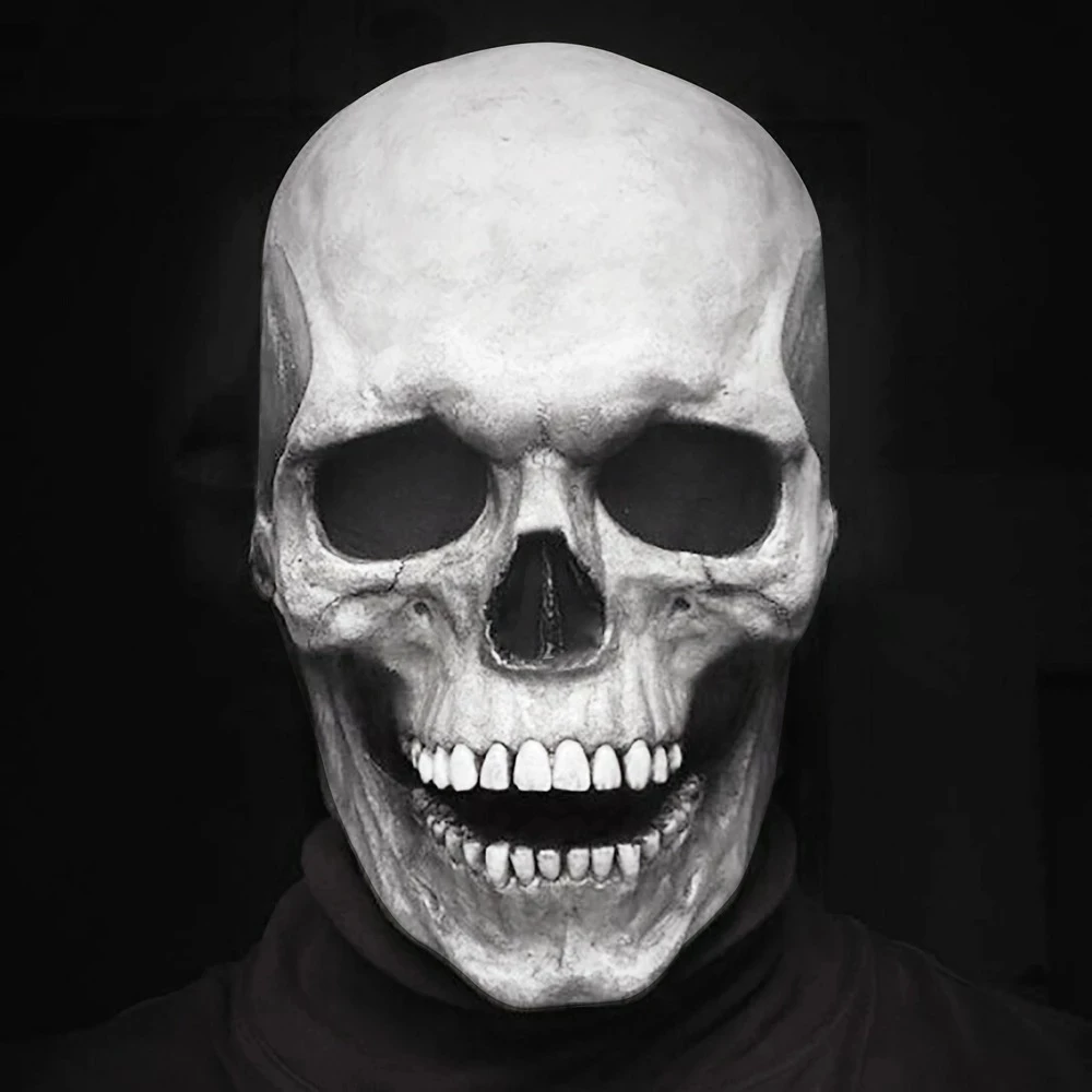 Creepy Halloween Full Head Skull Mask with Movable Jaw, Adult Entire Head Realistic Latex Helmet, Scary Skeleton