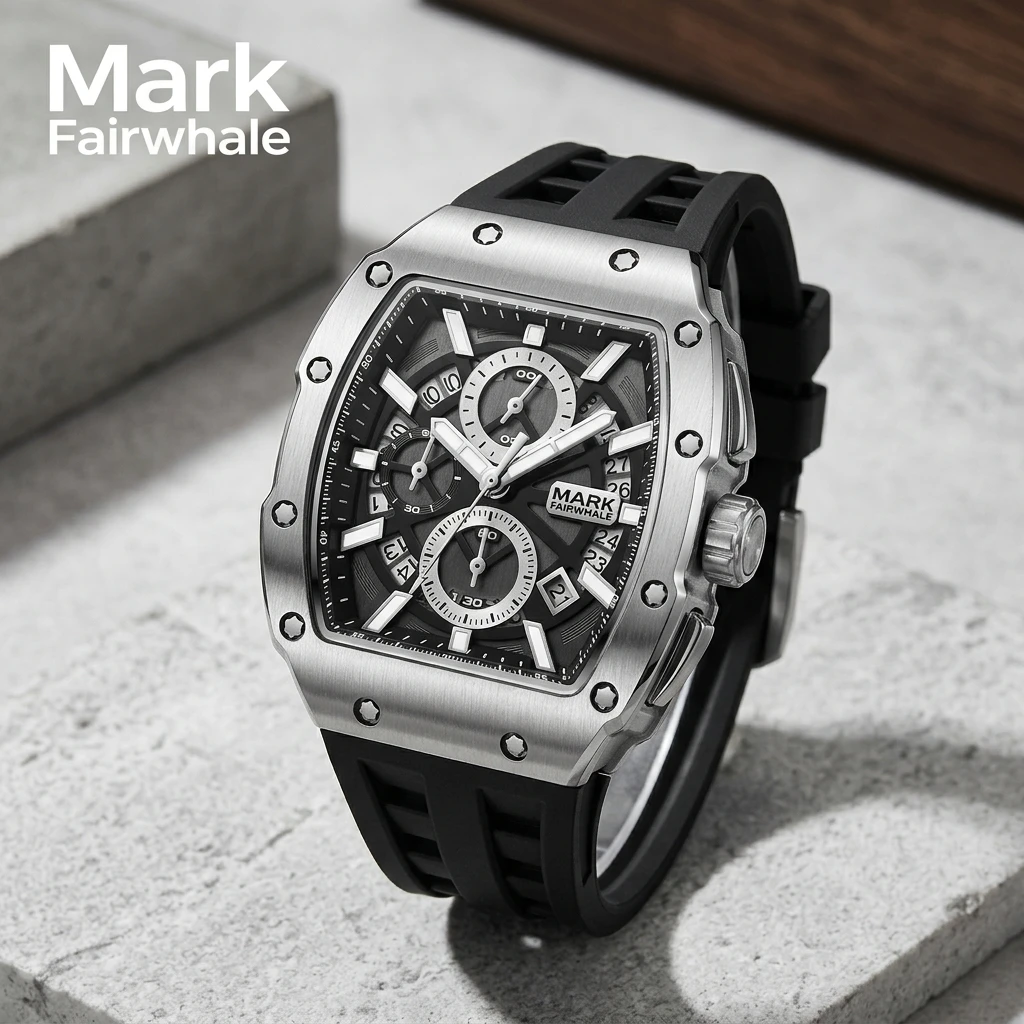 Men Mark Fairwhale Quartz Watch Tonneau Square Chronograph Hollow Dial Date Function Rubber Strap Racing Wristwatch