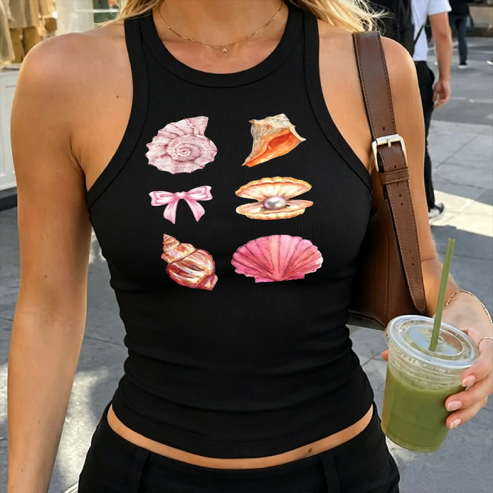 Ribbed Tank Top Pink Seashell Conch Scallop Graphic Pink Ribbon Bow, Watercolor Ocean Shell Print Mermaid Coquette Beach Art