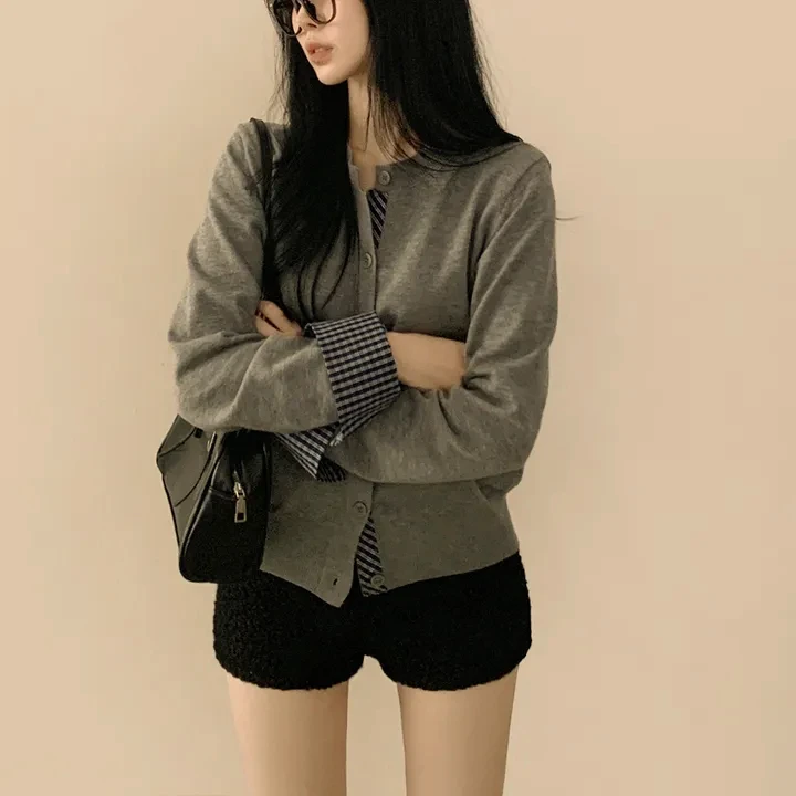 

Women's Knitted ort Sweater Plaid Loose Feel Chic Versatile Lazy Sle Fake Two-Piece Open Cardigan Spring Faion Ladies