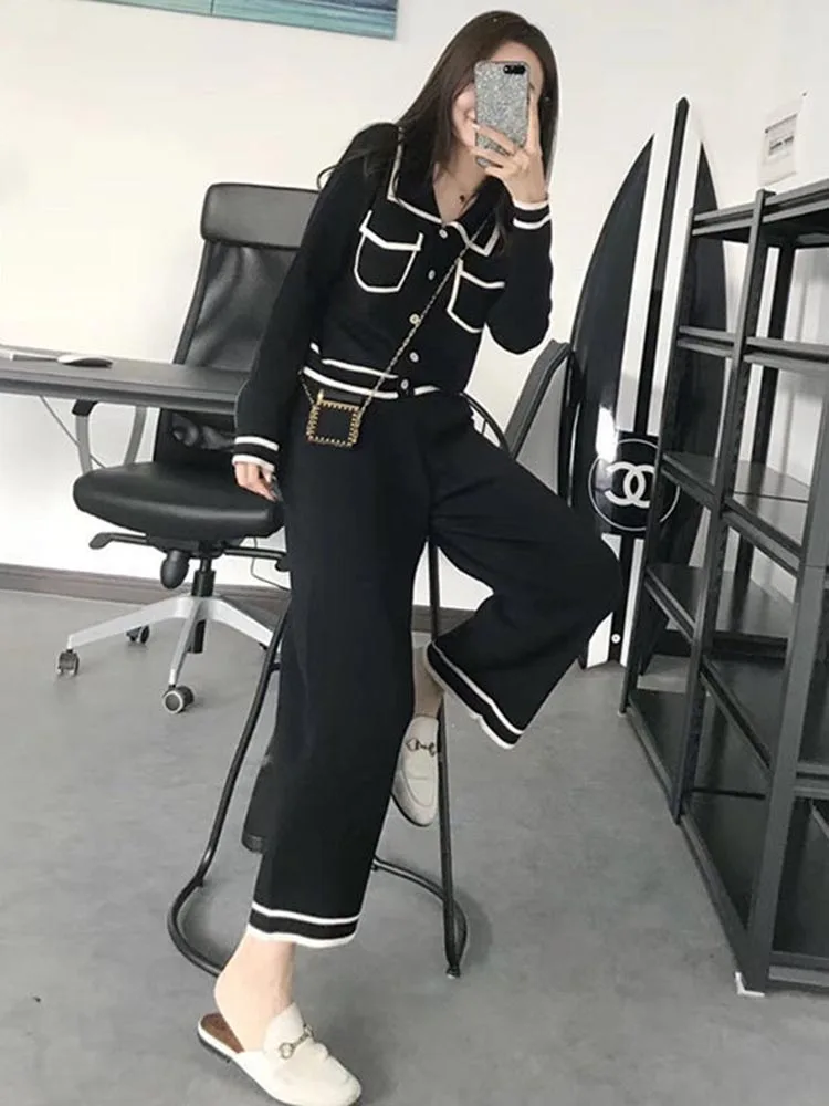 Women Knit 2 Pieces Sets Korean Single Breasted Short Knitwear Cardigan Tops Conjuntos High Waist Ankle Length Pants Tracksuit