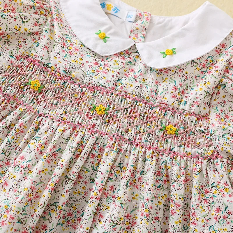 2024 New Little Girls Smock Short Sleeves Dress Children's Flower Smocking Dresses Embroidery Summer Baby Floral Frock Kids