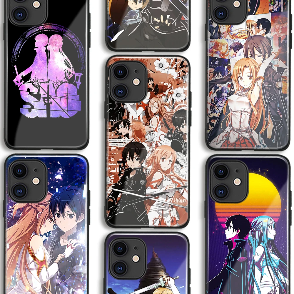 Asuna and Kirito SAO Japanese Anime Soft TPU Glass Phone Case for IPhone Se3, 7 8 14 15 Plus Xs, 11, 12, 13 Mini, 14, 15 Pro Max