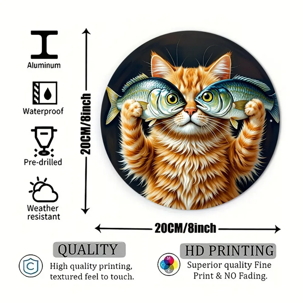 2D Metal Sign, Vintage Cat and Fish Wall Art 8x8 Inch Aluminum, Orange Tabby Kitten with Fish Black Background, Home Bar Pub Dec