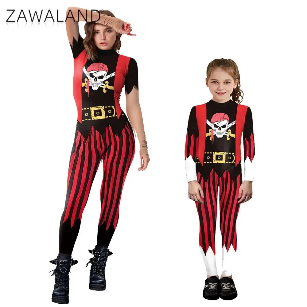 Zawaland Cosplay Pirate Costume Halloween Matching Outfits Jumpsuit Printed Suit Party Parent-Child Zentai Bodysuit Show Clothes