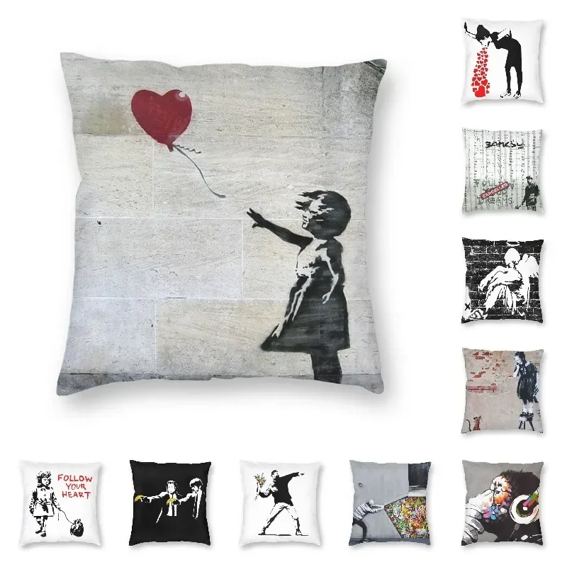 Banksy Street Pop Art Square PillowCase Home Decor Graffiti Artist Cushion Cover Throw Pillow for Sofa Double-sided Printing