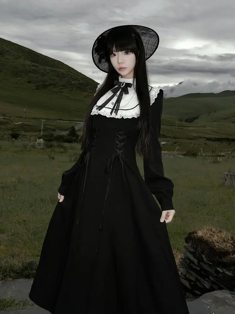 

Темная ночь Concerto осень/зима, новый стиль, японский элегантный дизайн в готическом стиле, уменьшающее талию и платье для похудения