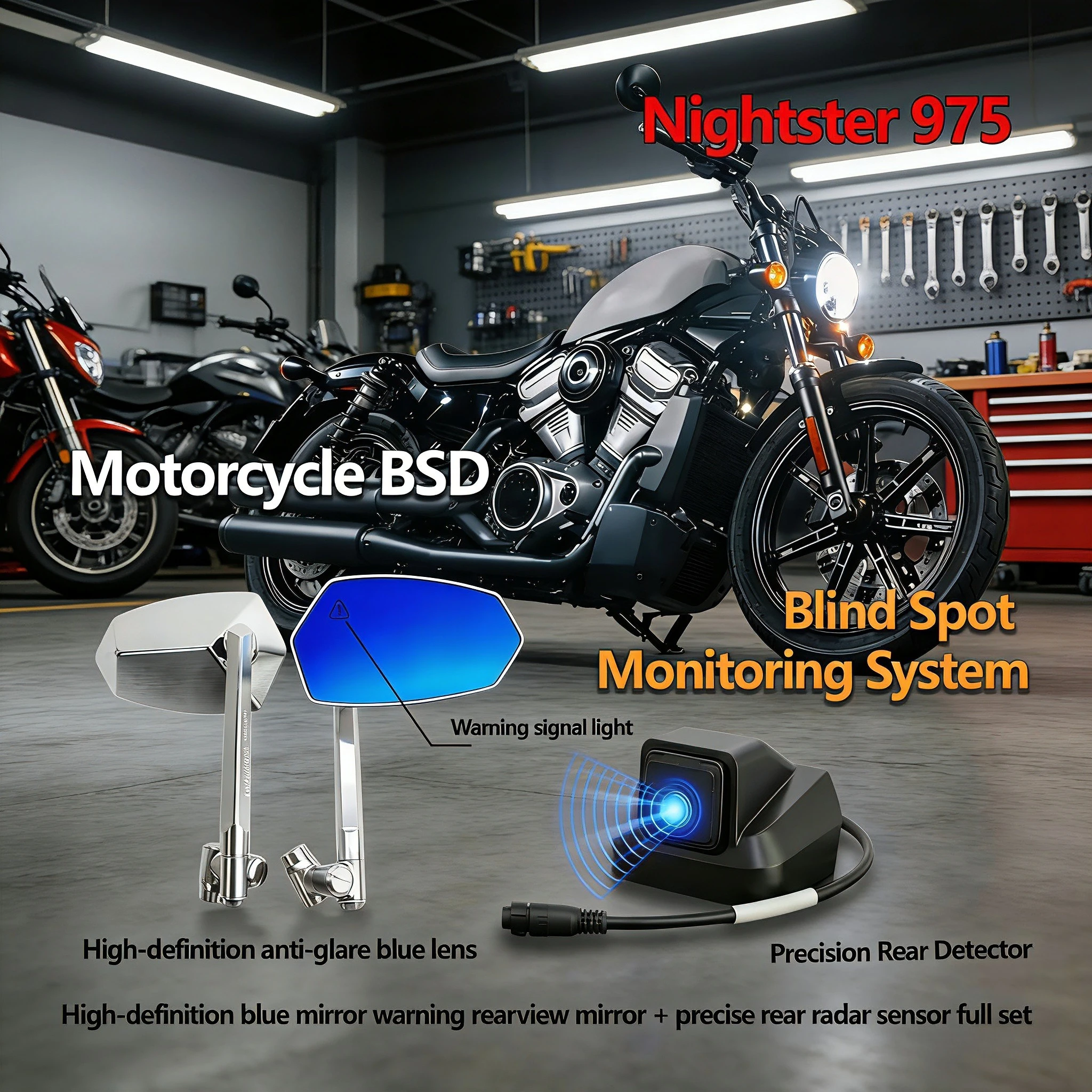 

Motorcycle BSD Blind Spot Radar Mirror No Drill Aluminum for Street Glide Nightster 975 Lane Change Assist Safety System.