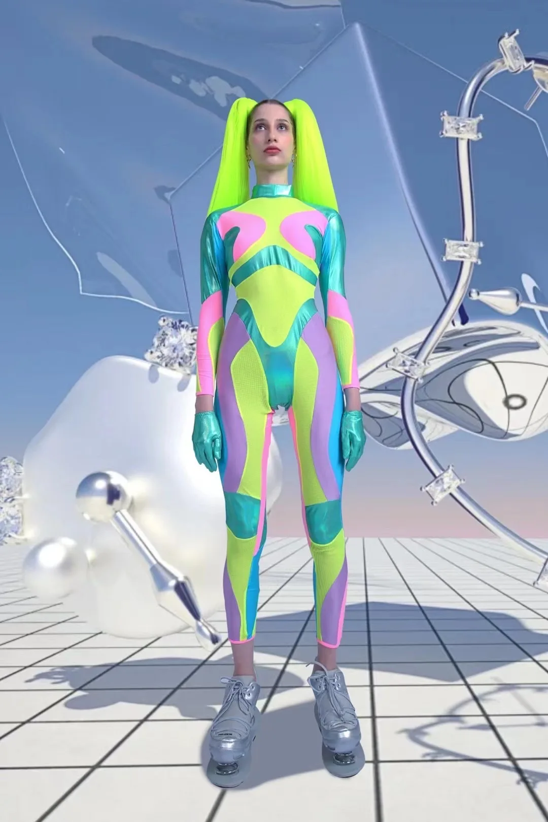 Futuristic Clothing Green Bodysuit Holographic Clothes Gogo Dancer Costume Stage Costume Lady Gaga Costume DJ Clubwear