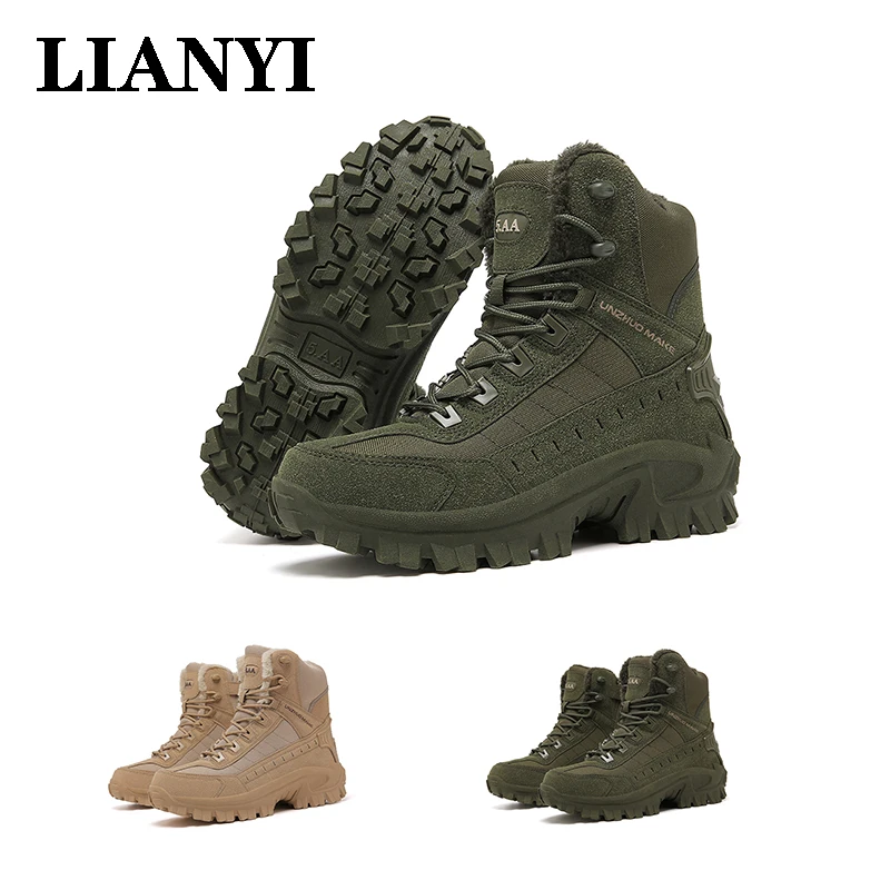

Lianyi Men's Snow Boots, Winter Warm Fleece Military Boots, Genuine Leather Special Forces Tactical Desert Combat Ankle Boots