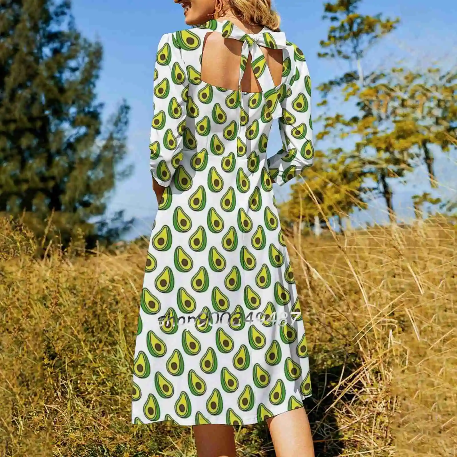 Avocado Doodle Pattern Square Neck Dress Sweet Summer Dress Women Elegant Halter Print Dress Nutrition Oil Organic Ripe Nature