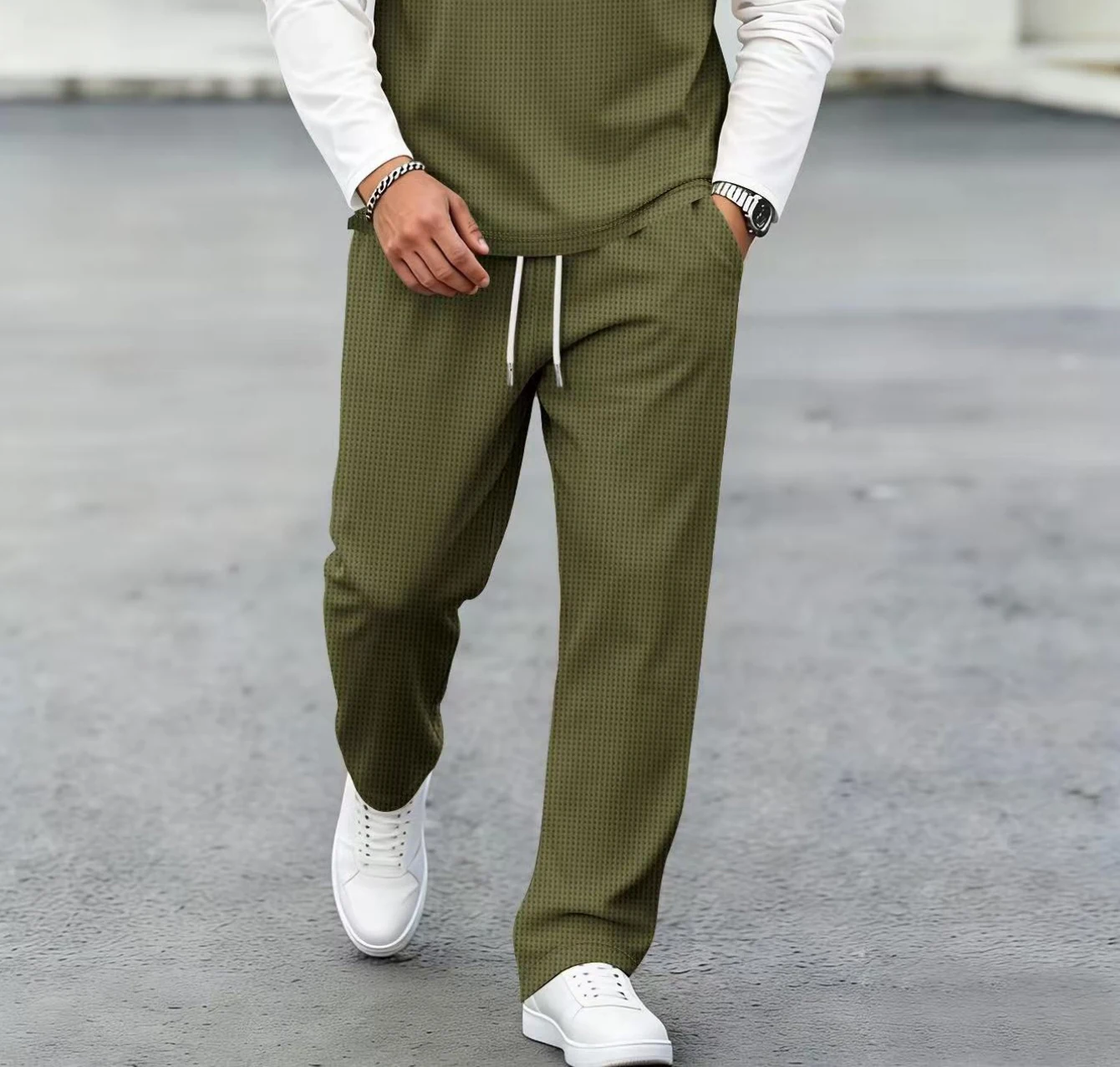 Mens Stylish Waffle Pants - Casual Sports Slim Fit with Adjustable Drawstring Secure Pockets for All Seasons - Perfect Outdoor