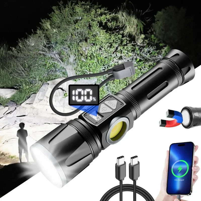 Powerful Tactical LED Flashlight Long Range Type C Rechargeable COB Work Side Light Bottom Magnet for Outdoor Camping