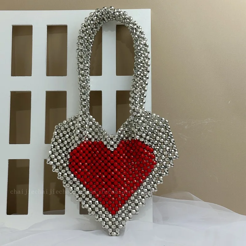 

New Peach Love Women's Bags Trend Handmade Beaded Electroplated Silver Bead Knitted Red Heart One Shoulder Underarm Handbag