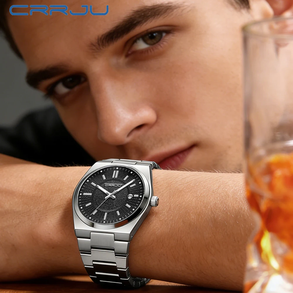 

Оригинальные водонепроницаемые мужские часы CRRJU, кварцевые часы для мужчин, светящиеся наручные часы из нержавеющей стали, мужские часы с датой