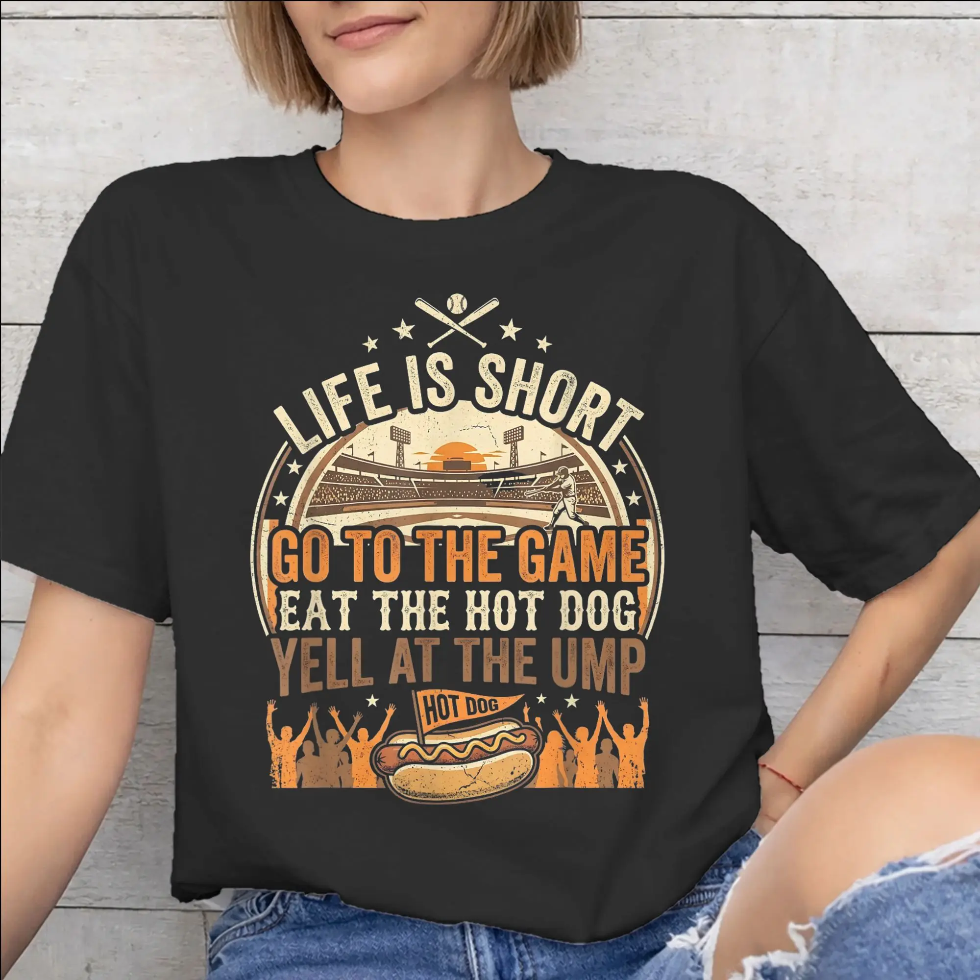 Men Women Graphic Printing Life is Short Go to The Game Eat The Hot Dog Yell At The Ump T Shirt Tee Pure Cotton T-shirt Clothing