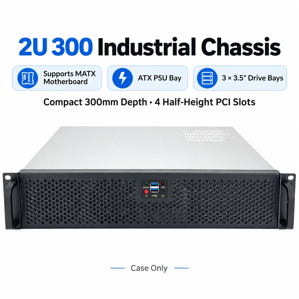 2U Short Depth Server Chassis 300mm Micro ATX Industrial Computer Case 3 HDD Bays ATX PSU 4 Low Profile PCIe Slots
