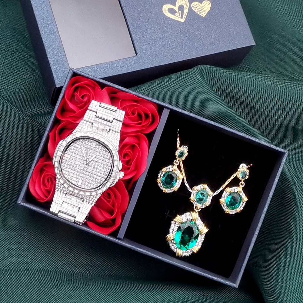 Women Full Diamond Watch Luxury Fashion Quartz Watches Steel Belt Dress Wristwatch Retro Green Gemstone Jewelry Sets With Box