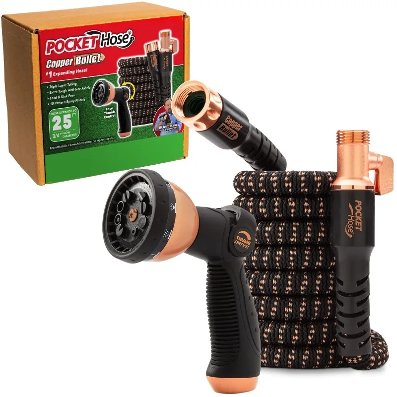 

Pocket Hose Copper Bullet With Thumb Spray Nozzle AS-SEEN-ON-TV Expands to 25 ft, 650psi