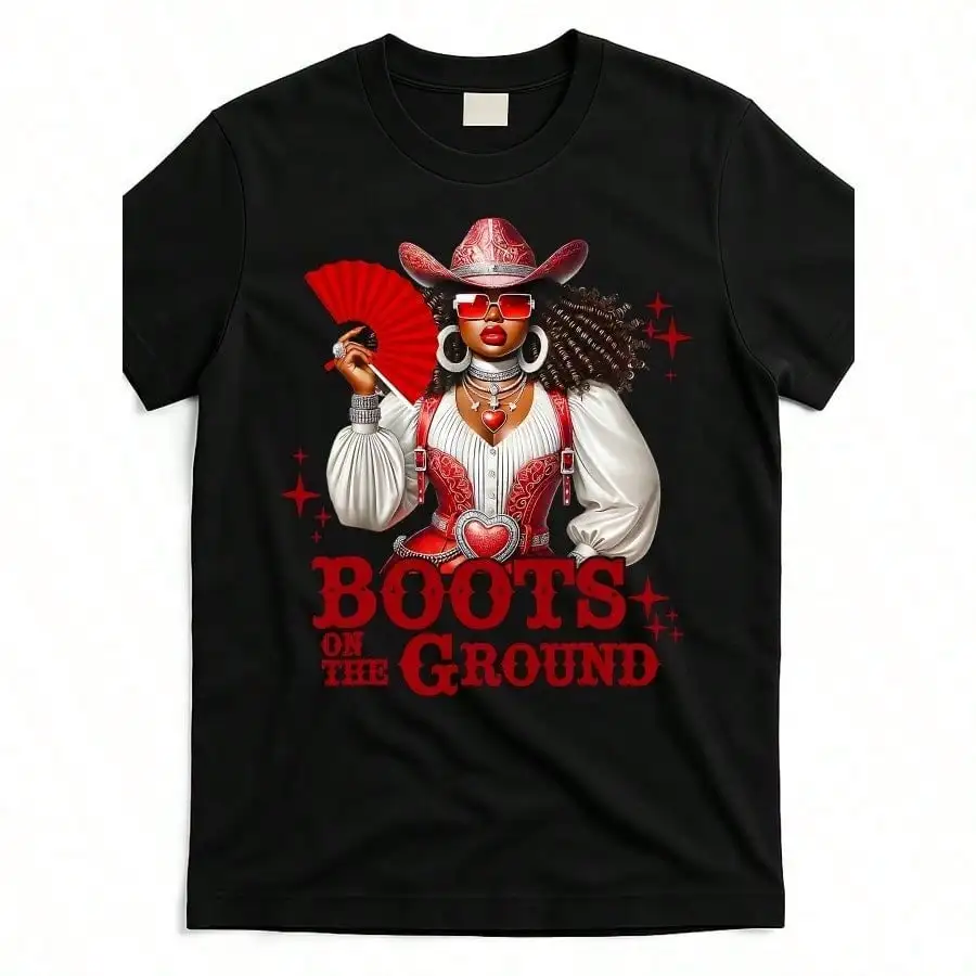 

Boots on The Ground Western Cowgirl Graphic T-Shirt - Vintage Streetwear Tee with Bold Red Lettering & Sparkling Stars