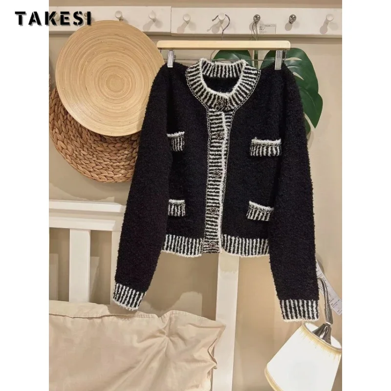 

2023 Winter Casual Single Breasted Sweater Women Fashion Vintage Striped Jumpers Knitting Long Sleeve O-neck Black Cardigans