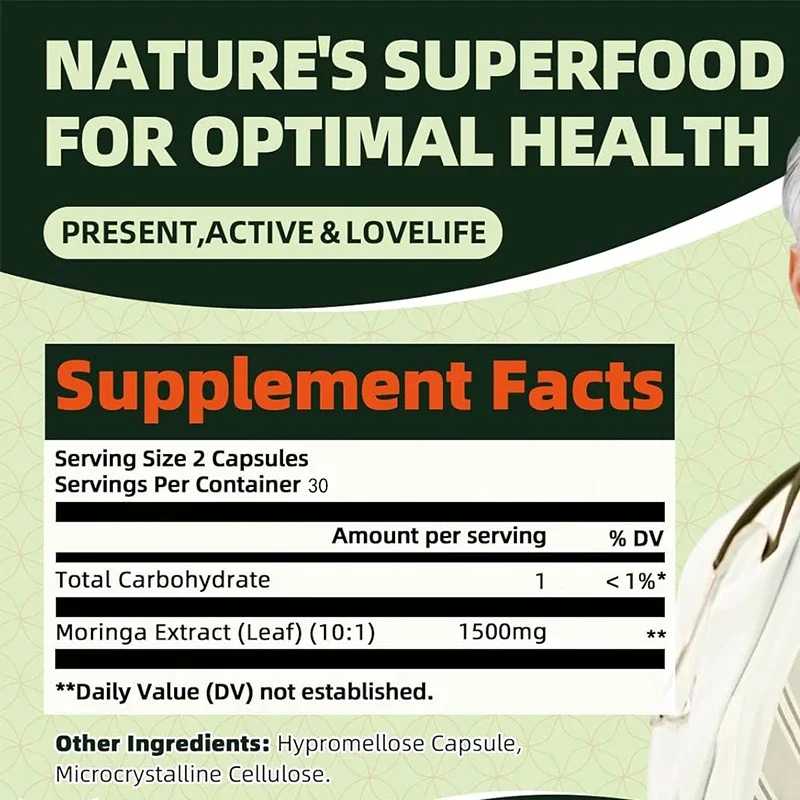 1500mg Whole Leaf Moringa, High Potency 10:1 Extract, Natural Green Super Food, Promotes Energy, 60 Capsules