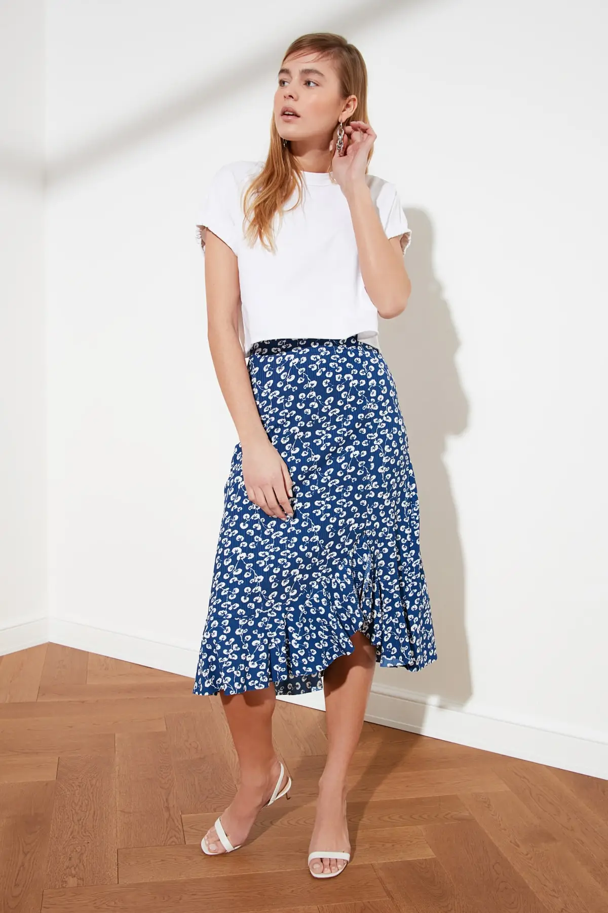 Blue Floral Pattern Knitted Skirt Women Long Skirt Casual Office Wear Summer Spring Wear Elegant Fashion Stylish Casual Fabric