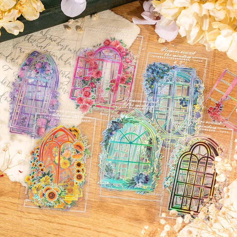 Laser PET Window Garden Sticker Transparent Collage Flower Deco Scrapbooking DIY Diary Craft Junk Journal Stationery Stickers