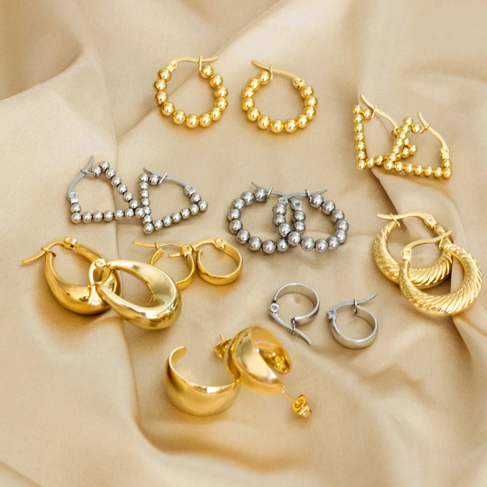 LUXUSTEEL Hyperbole Stainless Steel Beaded Hoop Earrings Women Round Circle Ear Huggie Golden Color Accessorie Aretes Christmas