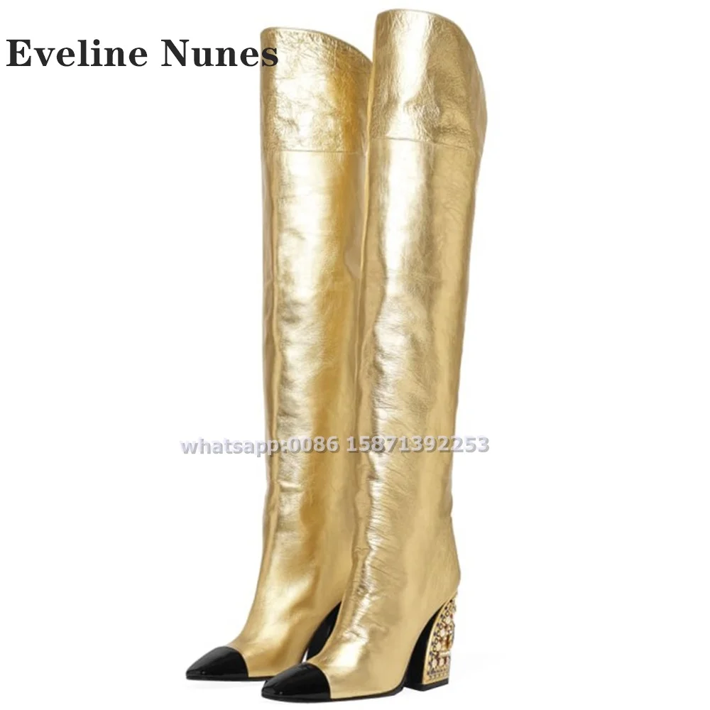 Golden Strange Style Tall Boots Pointed Toe Patchwork Mixed Colors Sexy Over The Knee Boots Plus Size V-Cut Runway Shoes Autumn