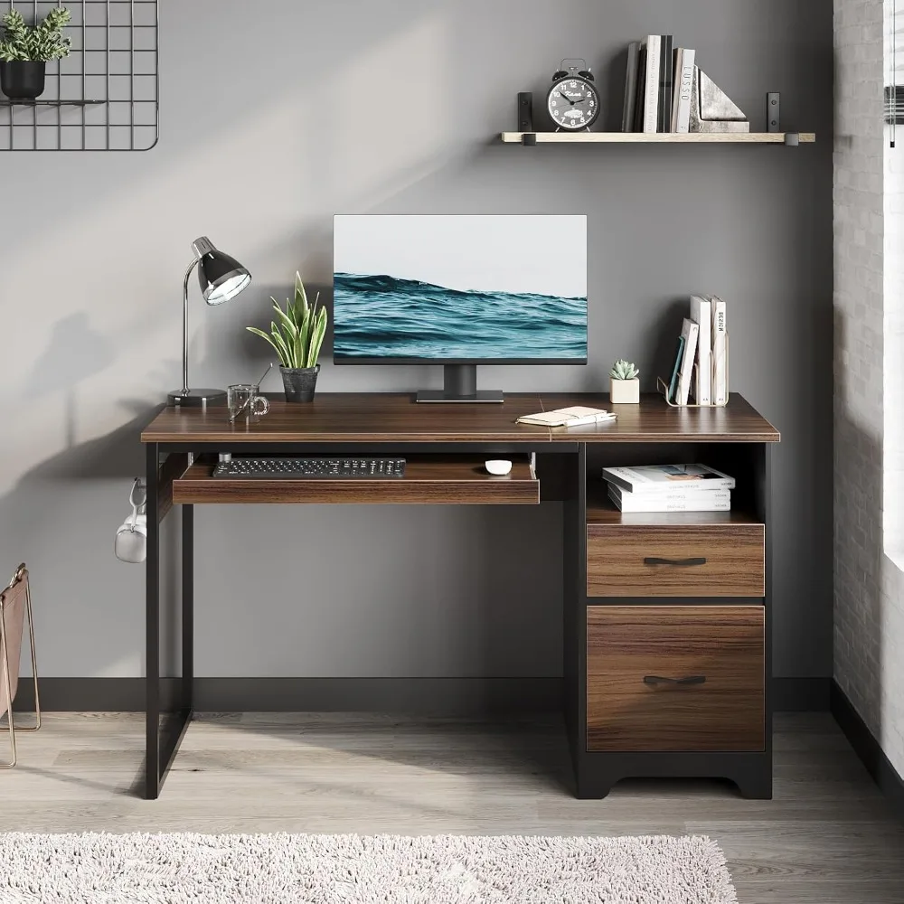 48” Computer Desk with Drawers, Office Desk with Storage, Industrial Wood Writing Desk with File Drawer, Keyboard Tray &2 Hooks