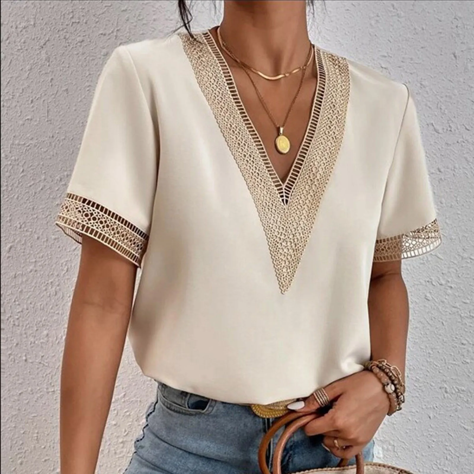 Women\'S Elegant Blouse Women Summer Fashion Short Sleeved V Neck Lace Solid Color Shirt Short Sleeved Loose Top 여름옷