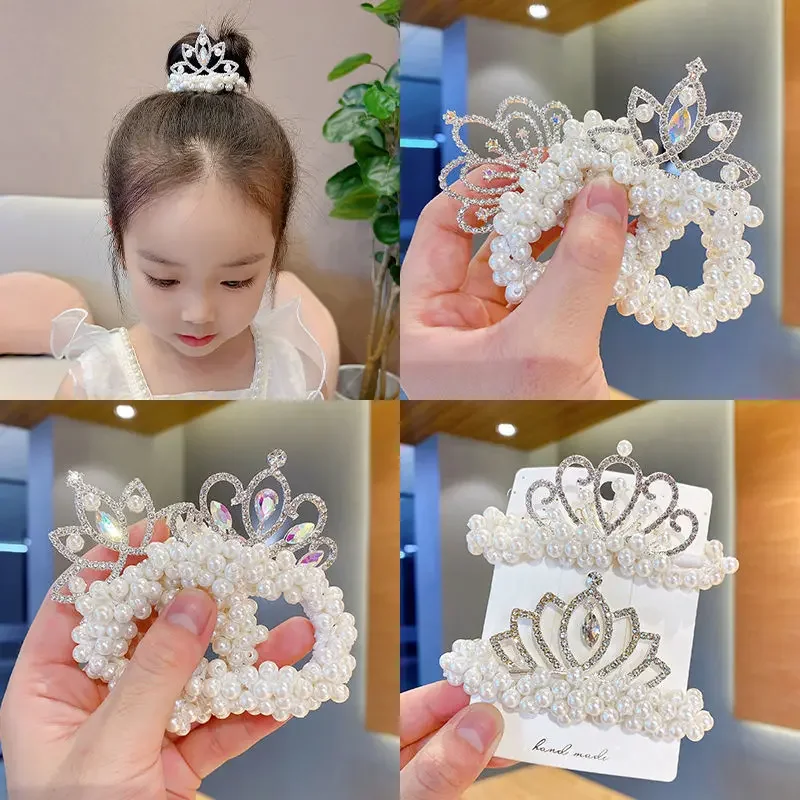 New Crystal Children Headband Headdress Princess Pearl hairpin Crown Flower Girl Hair Tie Rubber Band Hairband Hair Accessories