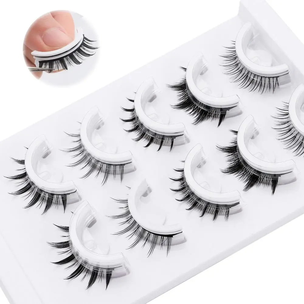 5 Paar selbstklebende Wimpern im natürlichen Look, natürliches kurzes schwarzes Band, Katzenaugenwimpern, kein Kleber erforderlich, Wispy