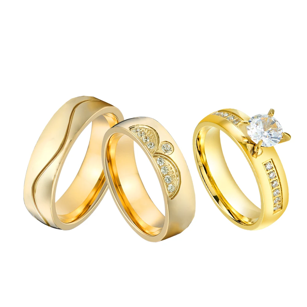

3pcs Marriage Bridal Promise Wedding Engagement Rings Sets For Alliances Designer 24k Gold Plated Jewelry Ring
