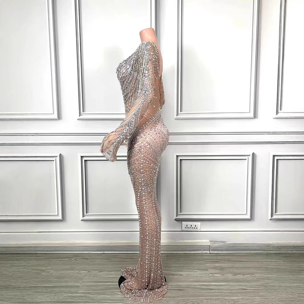 Women's Sexy V-Neck Performance Wear Pearls Tights Bodysuit Singer Dancer Stage Nightclub Luxury Gemstones Elastic Mesh