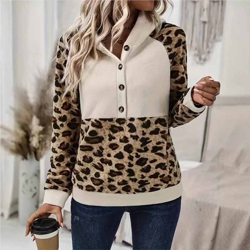 2025 Autumn New Leopard Print Hoodies Women Casual Loose Long Sleeve Half Open Collar Button Color Block Design Pullover Tops