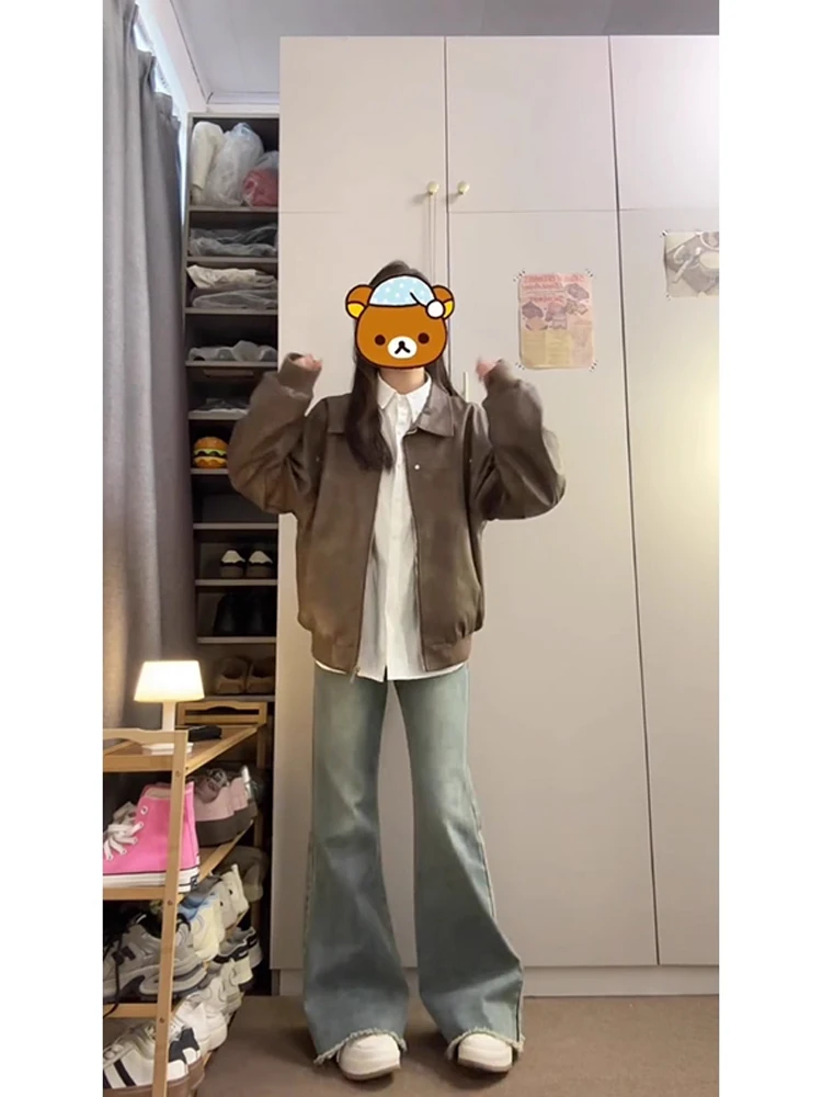 American Retro Brown Workwear Leder Jaet Damen Baseball Sle Collar Biker Mantel Trendy Herbst Oberbekleidung Mantel