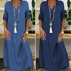 Casual Denim Dress V Neck Half Sleeve Loose Solid Jean Long Dress 2024 Spring Summer Street Style Dresses Female
