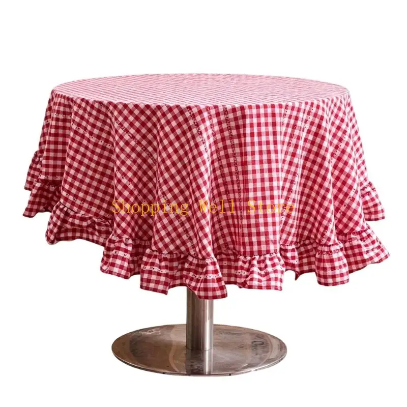 KX4B Farmhouses Tablecloth With Decorative Flounce Trim Floral Ruffled Round Cotton Linen Table Cover For Home Cafes Decors