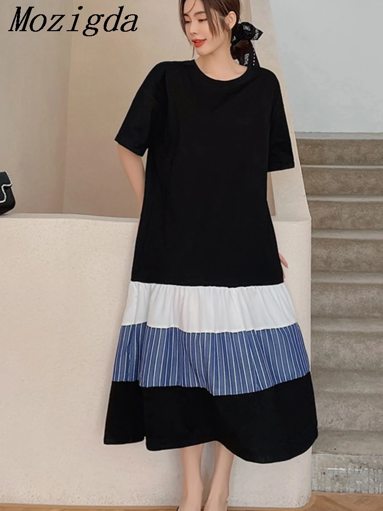 Biglarge ストライプ Tシャツドレス女性の夏のパッチワークルーズドレス女性韓国のエレガントなレディースドレス Vestidos