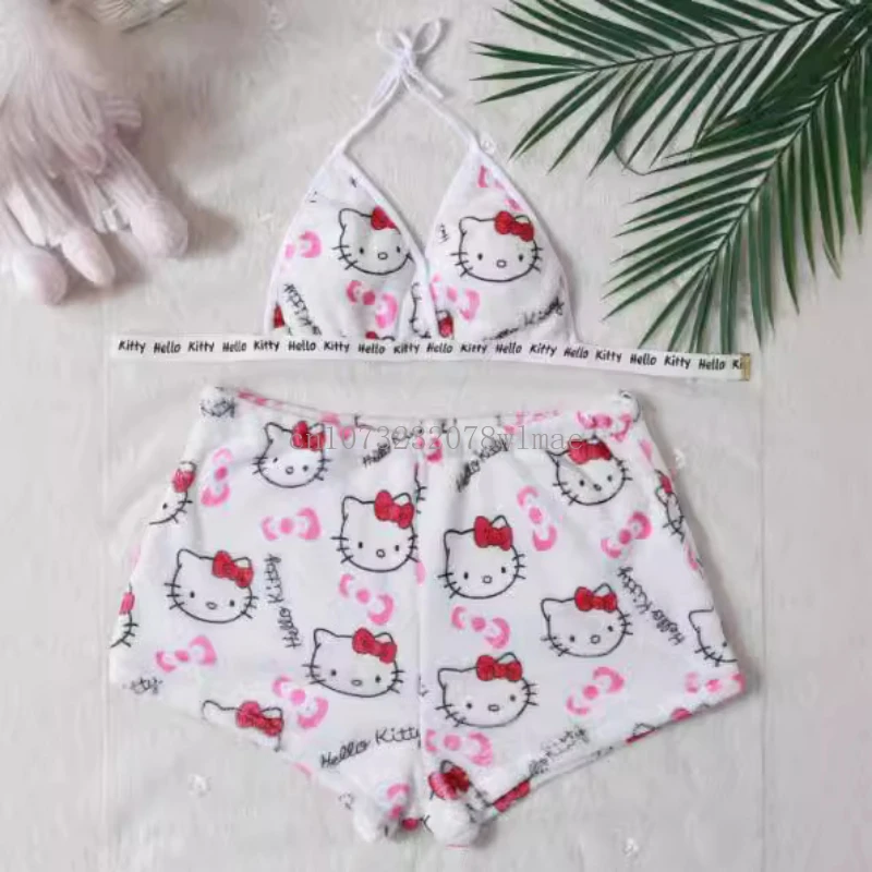 Conjunto de pijamas Sanrio Hello Kitty para mulheres, kawaii, anime de desenhos animados, flanela, 2 peças, roupa de praia, roupas de verão