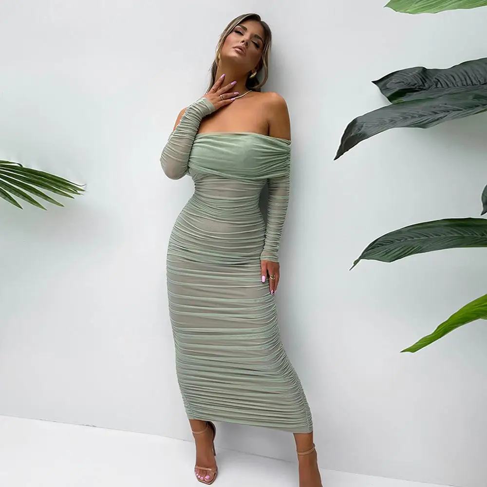 เสื้อผ้าผู้หญิงแบบยาว ผ้าพลีท ไหล่เดียว เอวสูง ผลิตจากเส้นใยโพลีเอสเตอร์ 100% สไตล์ลำลองแบบพันรอบอก