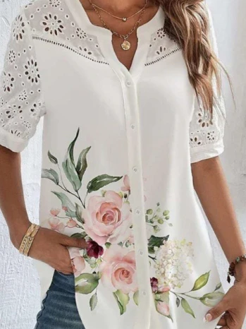 قميص نسائي جديد بأكمام قصيرة بتصميم ياقة وأزرار، فتحة عنق على شكل حرف V، قصة فضفاضة، مصنوع من ألياف البوليستر، مناسب للصيف، أ...